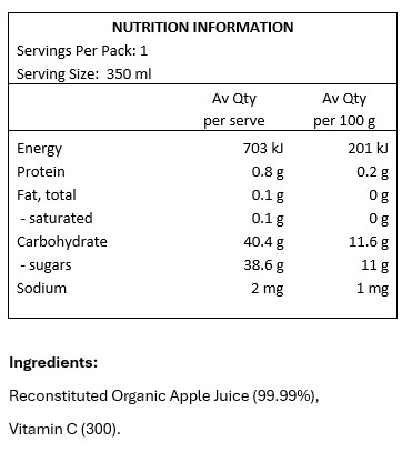 Reconstituted Organic Apple Juice (99.99%), Vitamin C.