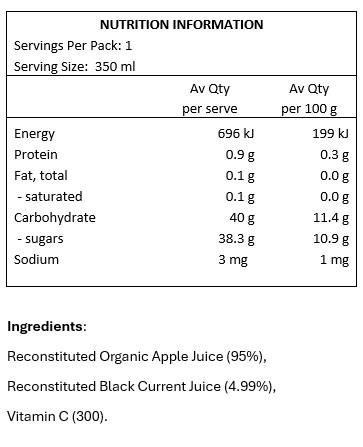 Reconstituted Organic Apple Juice (95%), Reconstituted Black Current Juice (4.99%) Ascorbic Acid.