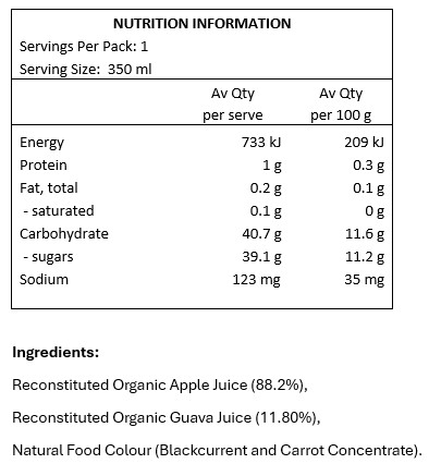 Reconstituted Organic Apple Juice (88.2%), Reconstituted Organic Guava Juice (11.80%), Natural Colour (Blackcurrent and Carrot).