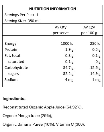 Reconstituted Organic Apple Juice (64.92%), Organic Mango
Juice (25%), Organic Banana Puree (10%), Vitamin C.