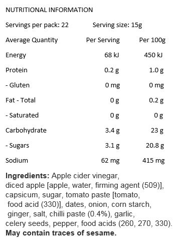 Apple Cider Vinegar, Diced Apple [Apple, Water, Firming Agent (509)], Capsicum, Sugar, Tomato Paste [Tomato, Food Acid (330)], Dates, Onion, Corn Starch, Ginger, Salt, Chilli Paste (0.4%), Garlic, Celery Seeds, Pepper, Food Acids (260, 270, 330). May contain traces of sesame.