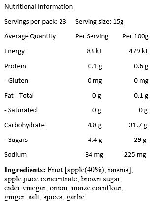 Fruit (Apple (40%), Raisins), Apple Juice Concentrate, Brown Sugar, Cider Vinegar,
Onion, Maize Cornflour, Ginger, Salt, Spices, Garlic.