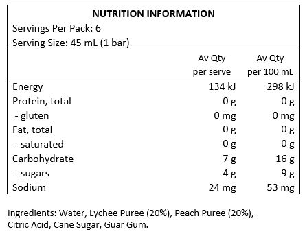 Water, Lychee Puree (20%), Peach Puree (20%), Citric Acid, Guar Gum, Sugar. 