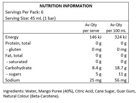 Water, Mango Puree (40%), Citric Acid, Sugar, Guar Gum, Natural Colour (Beta-Carotene).
