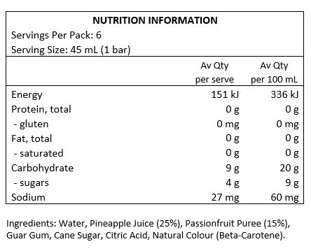 Water, Pineapple Juice (25%), Passionfruit Puree (15%), Guar Gum, Sugar, Citric Acid, Natural Colour (Beta-Carotene). 