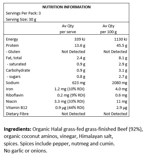 Organic Aussie Grass-Fed Beef (92%), Coconut Aminos, Vinegar, Salt, Spices.