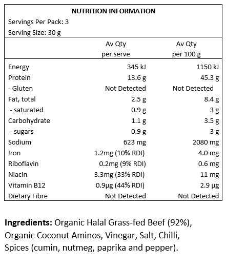 Organic Aussie Grass-Fed Beef (92%), Coconut Aminos, Vinegar, Salt, Chilli
(0.3%), Spices.
