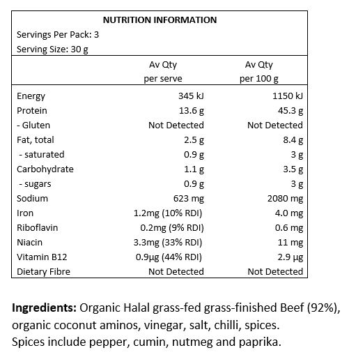 Organic Halal grass-fed grass-finished Beef (92%), organic coconut aminos, vinegar, Himalayan salt, cayenne chilli, spices. Spices include pepper, nutmeg cumin and paprika. No garlic or onions.