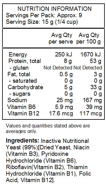 Inactive Nutritional Yeast (99%)[Dried Yeast, Niacin(Vitamin B3), Pyridoxine Hydrochloride (Vitamin B6), Riboflavin(Vitamin B2), Thiamin Hydrochloride (Vitamin B1), Folic Acid, Vitamin B12].