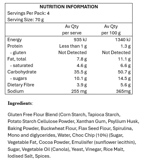 Gluten Free Flour Blend (Corn Starch, Tapioca Starch, Potato Starch, Psyllium Husk, Sugar, Cellulose Powder, Iodised Salt, Modified Tapioca, Flax Seed Flour, Baking Powder, Mono and diglycerides of Fatty Acids, Xanthan Gum, Spirulina) Water, Dark Compound Choc Chip (10%) ( Sugar, Vegetable Fat, Cocoa Powder, Emulisifer(sunflower lecithin), Yeast, Oil, Vinegar, Spice. 