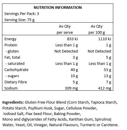 Gluten Free Flour Blend (Corn Starch, Tapioca Starch, Potato Starch, Psyllium Husk, Sugar, Cellulose Powder, Iodised Salt, Modified Tapioca, Flax Seed Flour, Baking Powder, Mono and diglycerides of Fatty Acids, Xanthan Gum, Spirulina) Water, Yeast, Oil, Vinegar, Natural Vanilla Flavour, Tumeric.  
