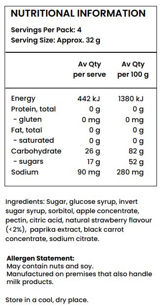 Sugar, glucose syrup, invert sugar syrup, sorbitol, apple concentrate, pectin, citric acid, natural strawberry flavour (<2%),  paprika extract, black carrot concentrate, sodium citrate. 
May contain nuts and soy.
Manufactured on premises that also handle milk products.