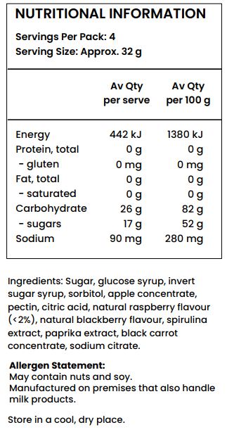 Sugar, glucose syrup, invert sugar syrup, sorbitol, apple concentrate, pectin, citric acid, natural raspberry flavour (<2%), spirulina extract, paprika extract, black carrot concentrate, sodium citrate. 
May contain nuts and soy.
Manufactured on premises that also handle milk products.