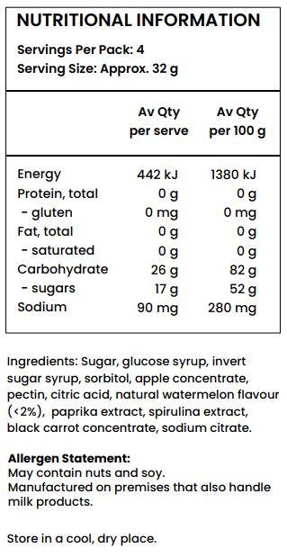 Sugar, glucose syrup, invert sugar syrup, sorbitol, apple concentrate, pectin, citric acid, natural watermelon flavour (<2%), paprika extract, spirulina extract, black carrot concentrate, sodium citrate. 
May contain nuts and soy.
Manufactured on premises that also handle milk products.