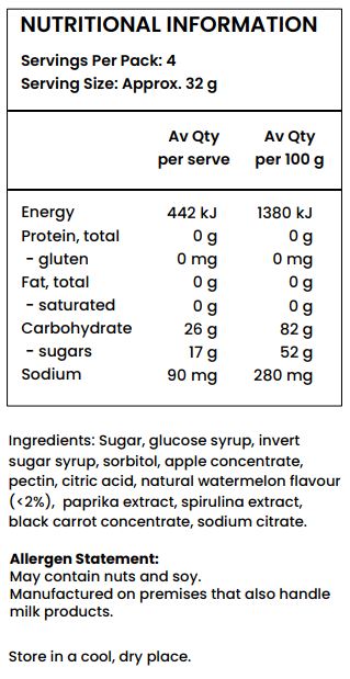 Sugar, Glucose Syrup, Invert Sugar Syrup, Sorbitol, Pectin, Apple Juice Concentrate, Citric Acid, Trisodium Citrate, Natural Watermelon Flavour (<2%), Natural Colours (Spirulina, Turmeric, Black Carrot).
May Contain: Soy, Milk, Egg, Almond, Hazlenut, Peanut, Pistachio.
Manufactured on premises that also handle Wheat, Gluten.