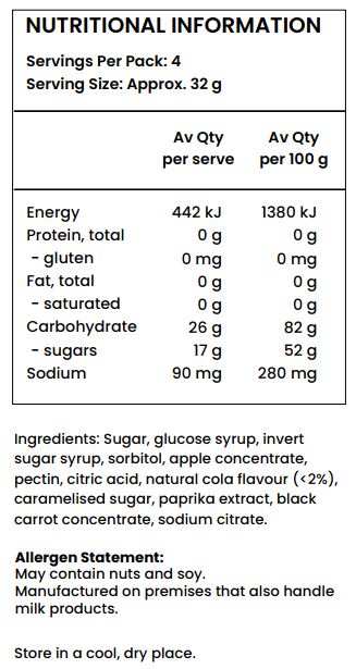 Sugar, glucose syrup, invert sugar syrup, sorbitol, apple concentrate, pectin, citric acid, natural cola flavour (<2%), caramelised sugar, paprika extract, black carrot concentrate, sodium citrate. 
May contain nuts and soy.
Manufactured on premises that also handle milk products.