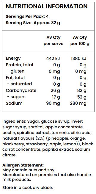 Sugar, glucose syrup, invert sugar syrup, sorbitol, apple concentrate, pectin, spirulina extract, turmeric, citric acid, natural flavours (2%) (pineapple, orange, blackberry, strawberry, apple, lemon), black carrot concentrate, paprika extract, sodium citrate. 
May contain nuts and soy.
Manufactured on premises that also handle milk products.