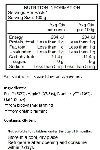 Pear* (50%), apple* (37.5%), blueberry** (10%), oat* (2.5%)
*from biodynamic farming
**from organic farming
