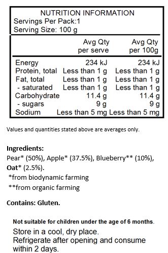Pear* (50%), Apple* (37.5%), Blueberry** (10%), Oats* (2.5%).
*from biodynamic farming
**from organic farming