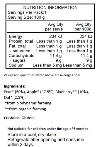 Pear* (50%), Apple* (37.5%), Blueberry** (10%), Oats* (2.5%).
 *from biodynamic farming
 **from organic farming
