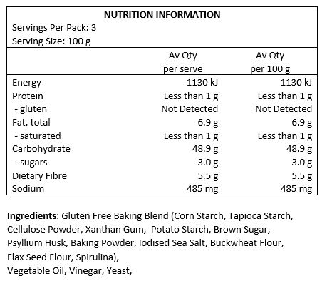 Gluten Free Baking Blend (Corn Starch, Tapioca Starch, Cellulose Powder, Xanthan Gum, Potato Starch, Brown Sugar, Psyllium Husk, Baking Powder, Iodised Sea Salt, Buckwheat Flour, Flax Seed Flour, Spirulina), Vegetable Oil, Vinegar, Yeast. 