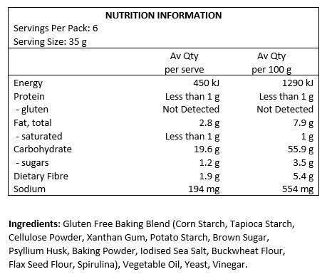 Gluten Free Baking Blend (Corn Starch, Tapioca Starch, Potato Starch, Buckwheat Flour, Flax Seed Flour), Filtered Water, Vegetable Oil, Yeast, Cellulose Powder, Xanthan Gum, Brown Sugar, Psyllium Husk, GDL, Baking Powder, Iodised Sea Salt, Spirulina. 