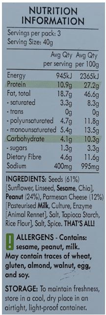 Seeds (61%) (Sunflower, Linseed, Sesame, Chia) Peanut (24%), Parmesan Cheese (12%) (Pasteurised Milk, Culture, Enzyme [Rennet], Salt, Tapioca Starch, Rice Flour), Salt, Spice.

