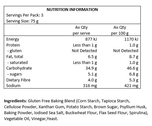 Gluten Free Baking Blend (Corn Starch, Tapioca Starch, Potato Starch, Buckwheat Flour, Flax Seed Flour), Filtered Water, Vegetable Oil, Yeast, Cellulose Powder, Xanthan Gum, Brown Sugar, Psyllium Husk, GDL, Baking Powder, Iodised Sea Salt, Spirulina. 