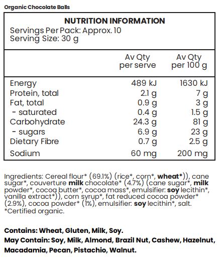 Cereal flour* (69.1%) (rice*, corn*, wheat*), cane sugar*, couverture milk chocolate* (4.7%) (cane sugar*, milk powder*, cocoa butter*, cocoa mass*, emulsifier: soy lecithin*, vanilla extract*), corn syrup*, fat reduced cocoa powder* (2.9%), cocoa powder* (1%), emulsifier: soy lecithin*, salt. *Certified Organic
Contains gluten, milk and soy. May contain nuts.