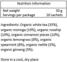 Organic white tea (36%), organic moringa (19%), organic cinnamon (12%), organic rosehip (10%), organic lemongrass (8%), organic spearmint (8%),
organic nettle (5%), organic ginseng (2%)
