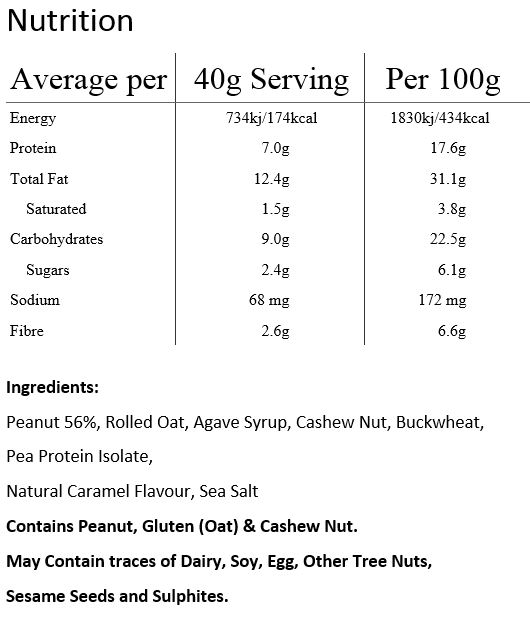  Peanut, Rolled Oat, Agave Syrup, Cashew Nut, Buckwheat, Pea Protein Isolate 0.5%, Natural Caramel Flavour 1%, Sea Salt 0.5%.