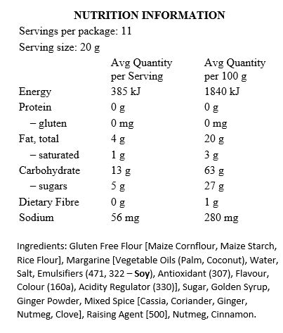 Gluten Free Flour [Maize Cornflour, Maize Starch, Rice Flour], Margarine [Palm Oil*, Coconut Oil, Water, Salt, Emulsifiers (471, Soy Lecithin), Antioxidant (307), Flavour, Colour (160a), Citric Acid], Sugar, Golden Syrup, Ginger Powder, Mixed Spice [Cassia, Coriander, Ginger, Nutmeg, Clove], Baking Soda, Nutmeg, Cinnamon.

Contains Soy. Processed in a plant that handles Peanuts and Tree Nuts. *Palm oil used is certified as sustainable.