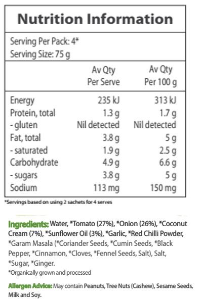 Water, Tomato* (27%), Onion* (26%), Coconut Cream* (7%), Sunflower Oil* (3%), Garlic*, Red Chili Powder*, Garam Masala* (Coriander Seeds*, Cumin Seeds*, Black Pepper*, Cinnamon*, Cloves*, Fennel Seeds*, Salt), Salt, Sugar*, Ginger*. *Organic