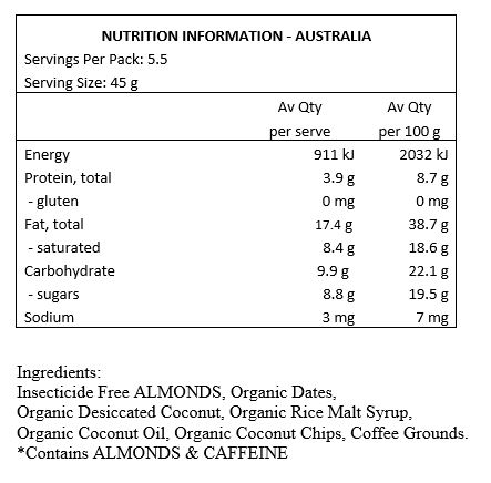 Insecticide Free Almonds, Organic Dates, Organic Coconut, Organic Rice Malt Syrup, Organic Coconut Oil, Coffee Grounds.