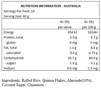 Rolled Rice, Organic Quinoa Flakes, Almond Meal, Coconut Sugar, Ground Cinnamon.

Contains: Almonds. 
May Contain: Peanuts, cashews, walnuts, sesame, lupin, egg & milk. 