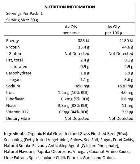 Organic Halal Grass-fed and Grass Finished Beef (90%). Seasoning (Dehydrated Vegetables, Spices, Sea Salt, Sugar, Food Acids, Natural Smoke Flavour, Anticaking Agent [Calcium Phosphate], Natural Flavours, Paprika Oleoresins, Vinegar, Coconut Amino Sauce, Lime Extract.