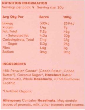 45% Peruvian Cacao* (Cacao Paste, Cacao Butter), Coconut Sugar*, Hazelnut Butter
(Hazelnuts), Whole Hazelnuts, <0.5% Sunflower Lecithin. *Certified Organic