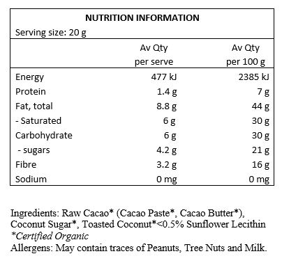 Cacao* (Paste, Butter), Coconut Sugar*, Toasted Coconut*, <0.5% Sunflower Lecithin
*Certified Organic