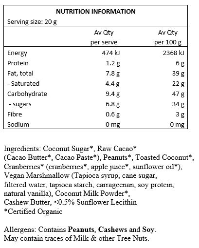 Coconut Sugar*, Cacao* (Cacao Butter*, Cacao Paste*), Peanuts*, Toasted Coconut*,
Cranberries* (cranberries*, apple juice*, sunflower oil*), Vegan Marshmallow (Tapioca syrup, cane sugar,
filtered water, tapioca starch, carrageenan, soy protein, natural vanilla protein), Coconut Milk Powder*,
Cashew Butter, <0.5% Sunflower Lecithin *Certified Organic