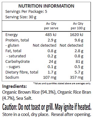 Organic Brown Rice (94.3%), Organic Rice Bran (4.7%), Sea Salt.


