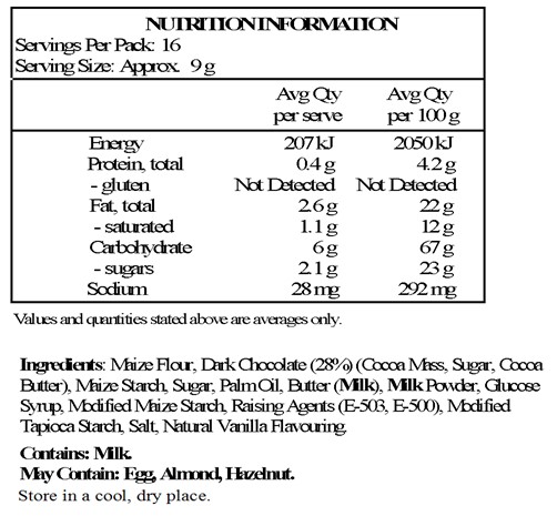 Maize flour, dark chocolate (28%) (cocoa mass, sugar, cocoa butter)), maize starch, sugar, palm oil, butter (milk), milk powder, glucose syrup, modified maize starch, raising agents (E-503, E-500), modified tapioca starch, salt, natural vanilla flavouring.

Contains: Milk
May Contain: Eggs, Tree Nuts (almonds, hazelnuts).
