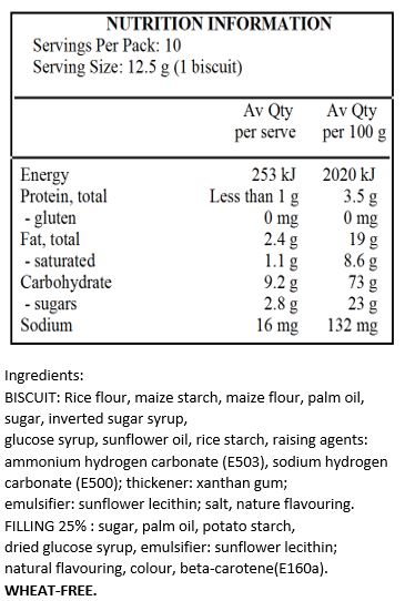 Biscuit (maize flour, palm fat, maize starch, sugar, glucose syrup, soya flour, modified maize starch, natural flavour, salt, rice starch, raising agents: ammonium hydrogen carbonate, sodium hydrogen carbonate), cream 28% (coconut fat, palm fat, dextrose, lactose, whole milk powder, sugar, emulsifier: soya lecithin, natural vanilla flavour).