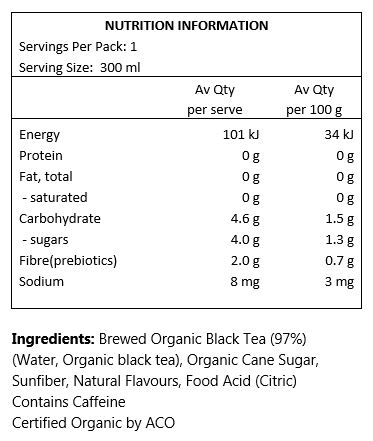 Brewed Certified Organic Black Tea, water, organic cane sugar, sunfiber,natural flavours, citric acid 