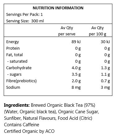 Brewed Certified Organic Black Tea, water, organic cane sugar, sunfiber,natural flavours, citric acid