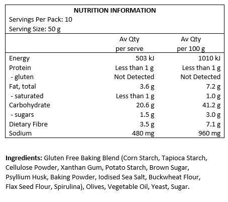 Gluten Free Baking Blend (Corn Starch, Tapioca Starch, Cellulose Powder, Xanthan Gum, Potato Starch, Brown Sugar, Psyllium Husk, Baking Powder, Iodised Sea Salt, Buckwheat Flour, Flax Seed Flour, Spirulina), Olives, Vegetable Oil, Yeast, Sugar.