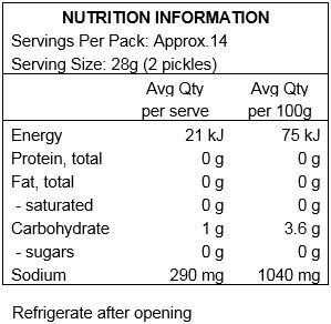 Organic cucumbers, water, organic vinegar, salt, contains less than 2% of dehydrated organic garlic, calcium chloride, natural flavors (contains mustard), organic gum arabic, organic turmeric extract (color).