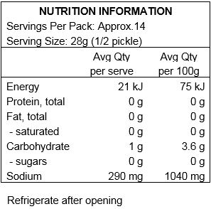 Organic cucumbers, water, organic vinegar, salt, contains less than 2% of dehydrated organic garlic, calcium chloride, natural flavors (contains mustard), organic gum arabic, organic turmeric extract (color).