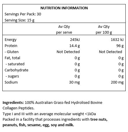 100% Australian Grass-fed Hydrolysed Bovine Collagen Peptides.