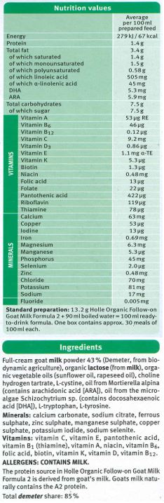 Full-cream goat milk powder (Demeter, from biodynamic agriculture), organic lactose (from milk), organic vegetable oils (sunflower oil, rapeseed oil), choline hydrogen tartrate, L-cystine, oil from Mortierella alpina (contains arachidonic acid [ARA]), oil from the microalgae Schizochytrium sp., L-tryptophan (contains docosahexaenoic acid [DHA]), L-tryptophan, L-tyrosine. 
Minerals: calcium carbonate, sodium citrate, ferrous sulphate, zinc sulphate, manganese sulphate, copper sulphate, potassium iodide, sodium selenite. 
Vitamins: vitamin C, vitamin E, pantothenic acid, vitamin B1 (thiamine), vitamin A, niacin, vitamin B6, folic acid, biotin, vitamin K, vitamin D, vitamin B12. 

Contains: Milk
The protein source in Holle Organic Follow-on Goat Milk Formula 2 is derived from goat's milk.

