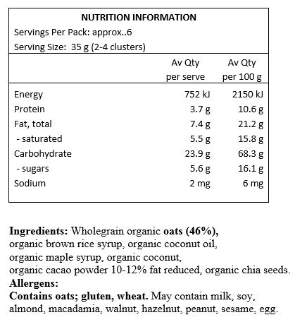 Organic Wholegrain Oats (46%), Organic Brown Rice Syrup, Organic Coconut Oil, Organic Maple Syrup, Organic Coconut, Organic Cacao Powder, Organic Chia Seeds.